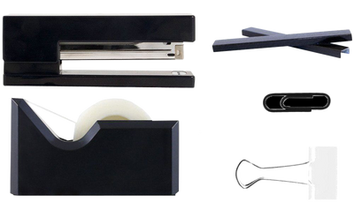 Black Office Starter Set (Paper Clips, Tape Dispenser, Stapler, Staples, and White Binder Clips)