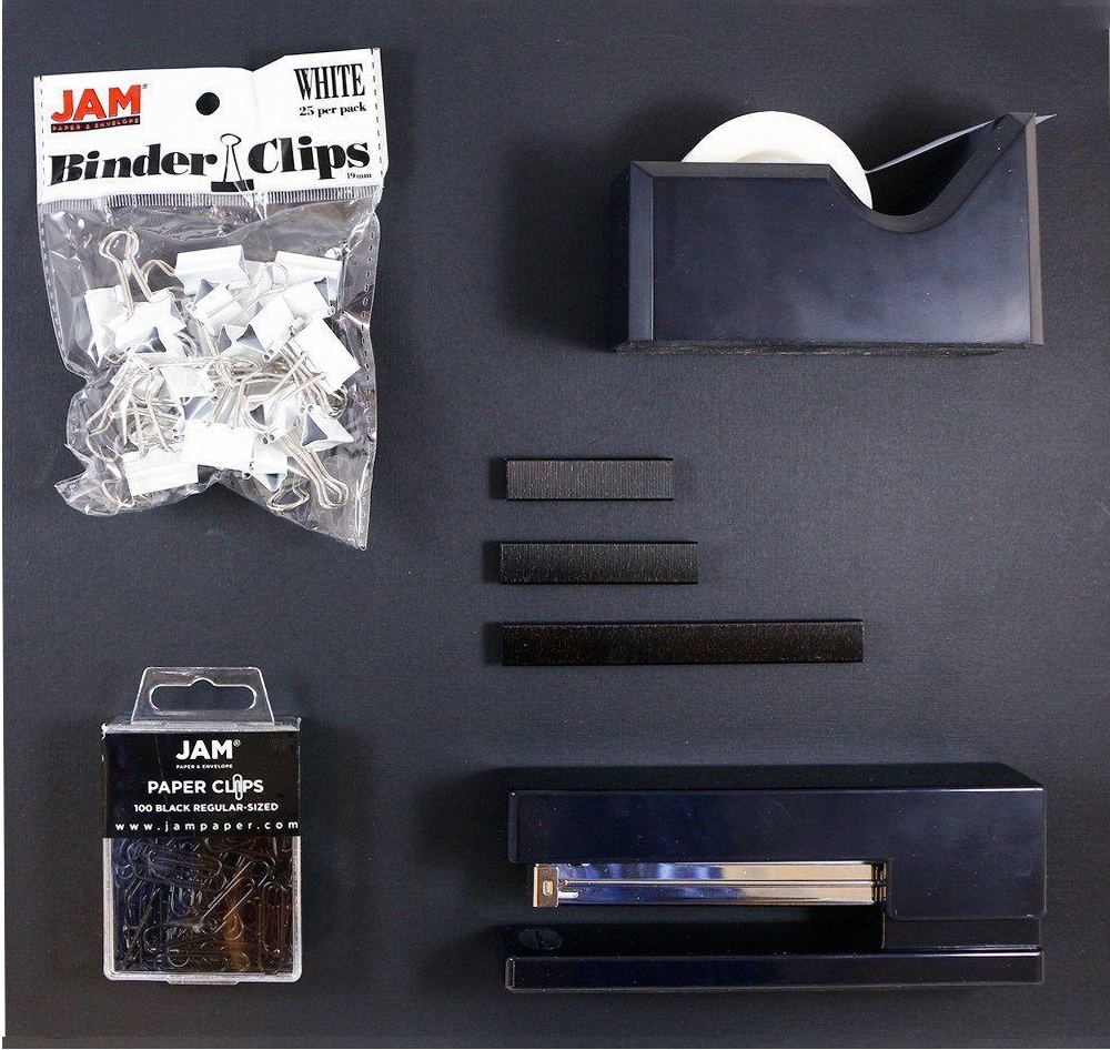 Black Office Starter Set (Paper Clips, Tape Dispenser, Stapler, Staples, and White Binder Clips)