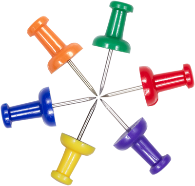 Primary Assorted Standard Pushpins - 6 Packs of 100