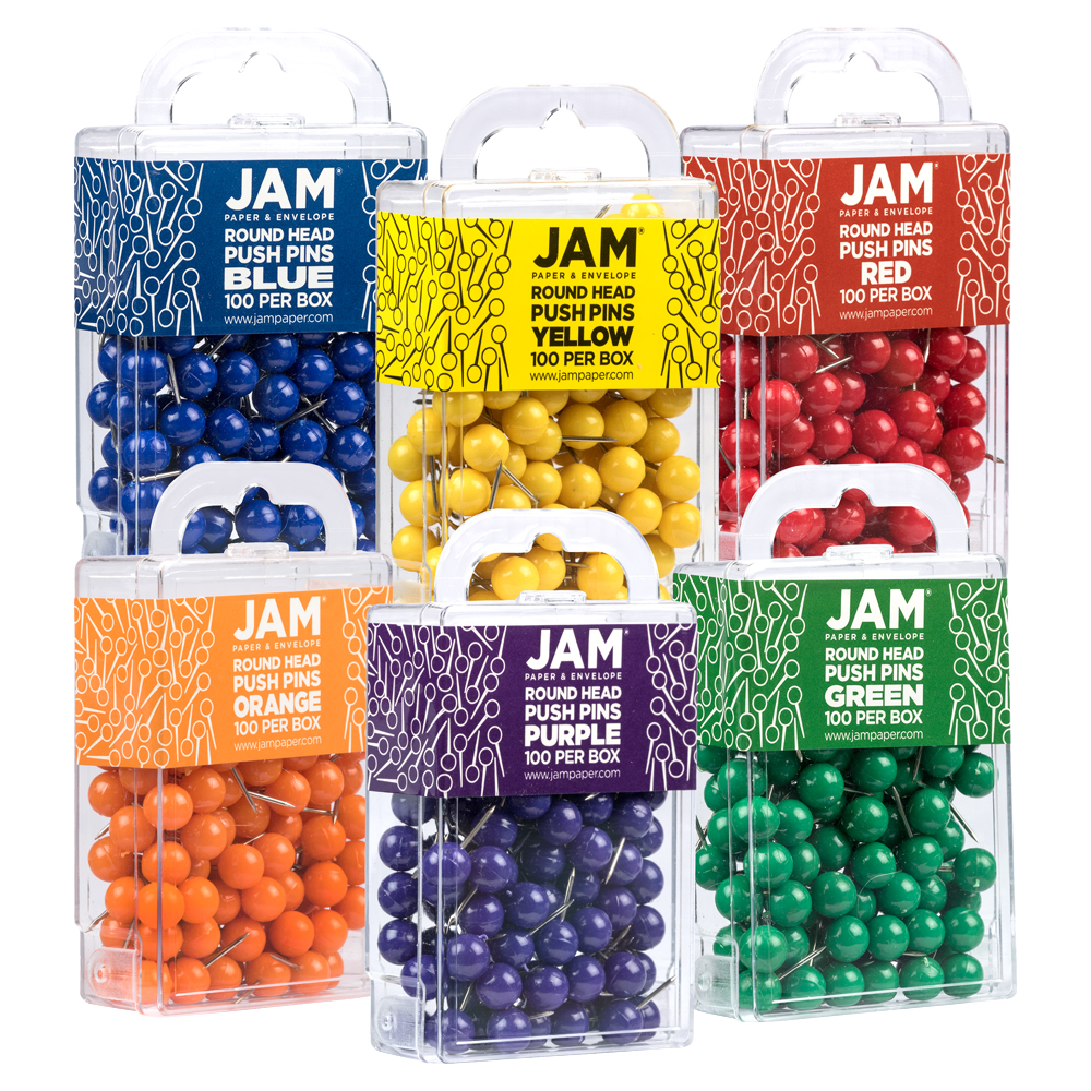 Primary Assorted Round Pushpins - 6 Packs of 100