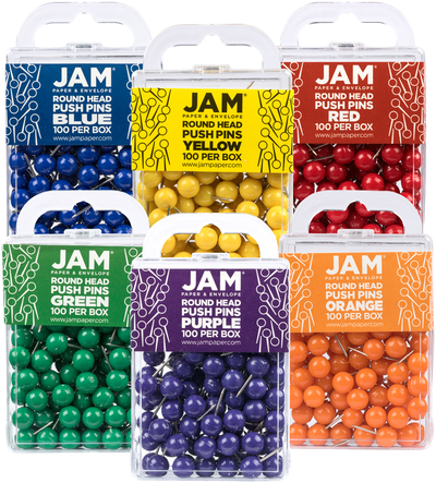 Primary Assorted Round Pushpins - 6 Packs of 100