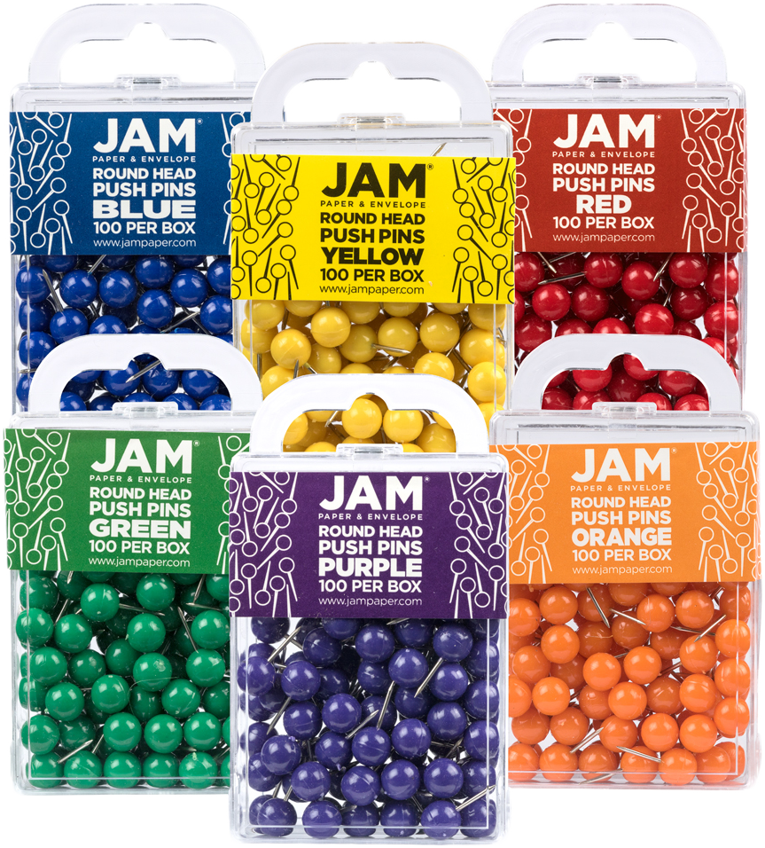 Primary Assorted Round Pushpins - 6 Packs of 100