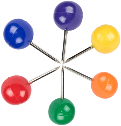 Primary Assorted Round Pushpins - 6 Packs of 100