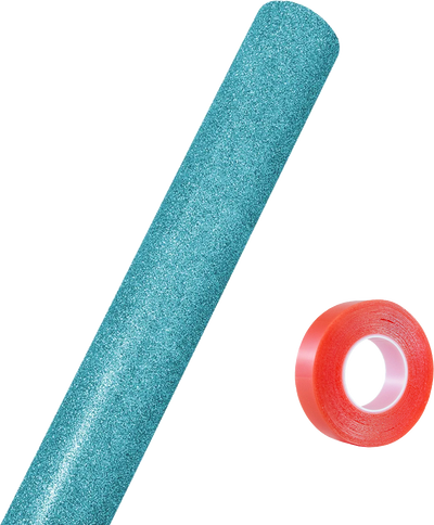 Aqua Glitter Wrapping Paper with Tape with Double-Sided Tape Set (25 Sq Ft)