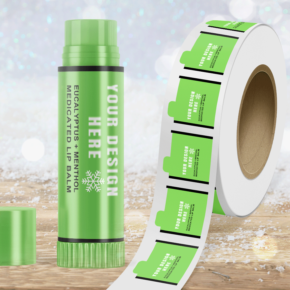 Neon Green 2 1/8 x 2 1/8 Inch Roll of Lip Balm Shaped Labels - Cosmetic Bright Adhesive