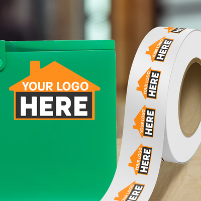 Neon Orange 1 7/8 x 2 7/8 Inch Roll of House Shaped Labels - Real Estate Bright Adhesive
