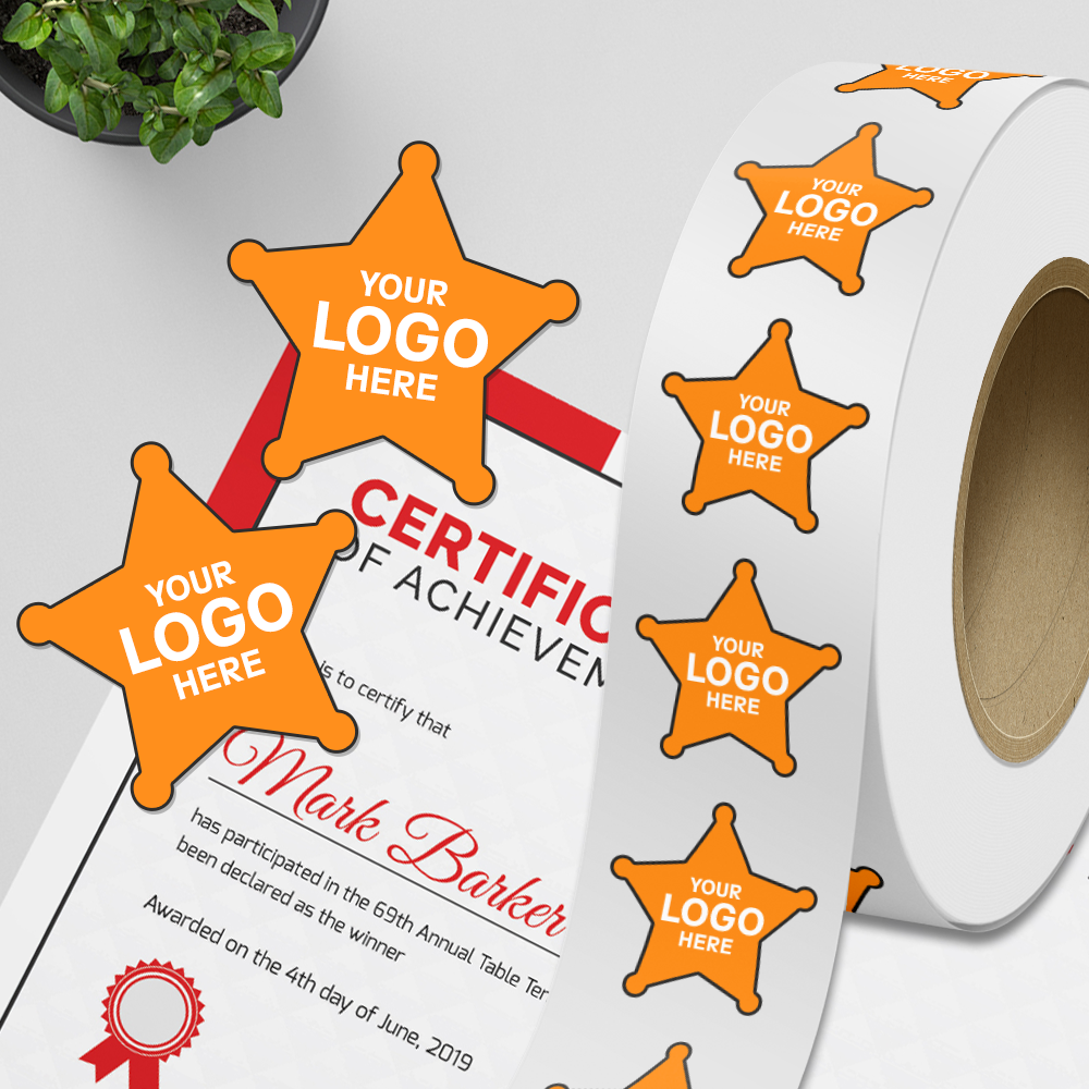 Neon Orange 2 3/4 x 2 3/4 Inch Roll of Sheriff Star Shaped Labels - Toy Packaging Bright Adhesive