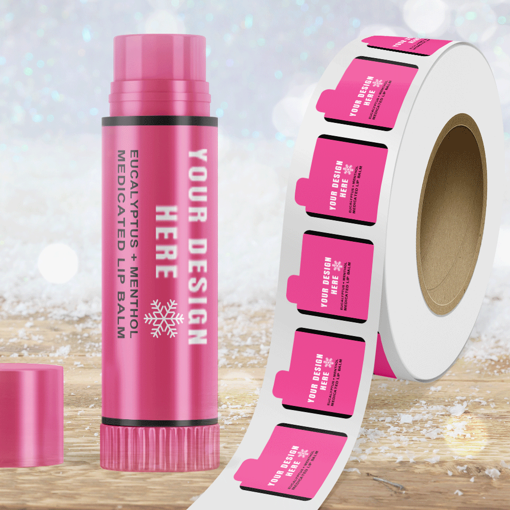 Neon Pink 2 1/8 x 2 1/8 Inch Roll of Lip Balm Shaped Labels - Cosmetic Bright Adhesive