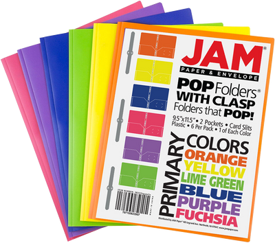 Assorted Primary 9 x 12 Plastic Pop with Clasp Folders - 6 Pack