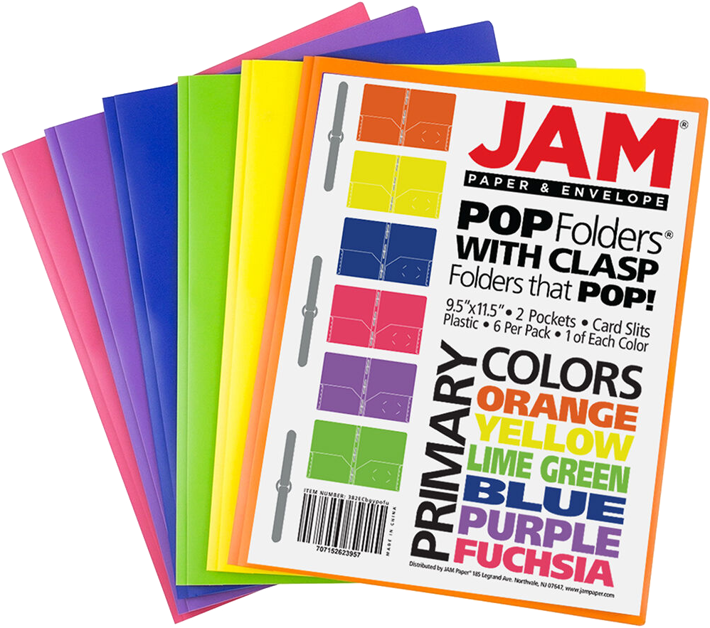 Assorted Primary 9 x 12 Plastic Pop with Clasp Folders - 6 Pack