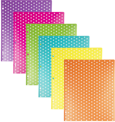 Assorted Dot Fashion Plastic Pop 3 Hole Punch Folders - 6 Pack