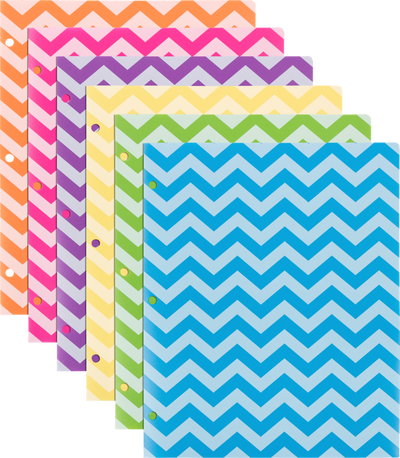 Assorted Chevron 9 1/2 x 11 1/2 Plastic 3 Hole Punch Folders - 6 Pack