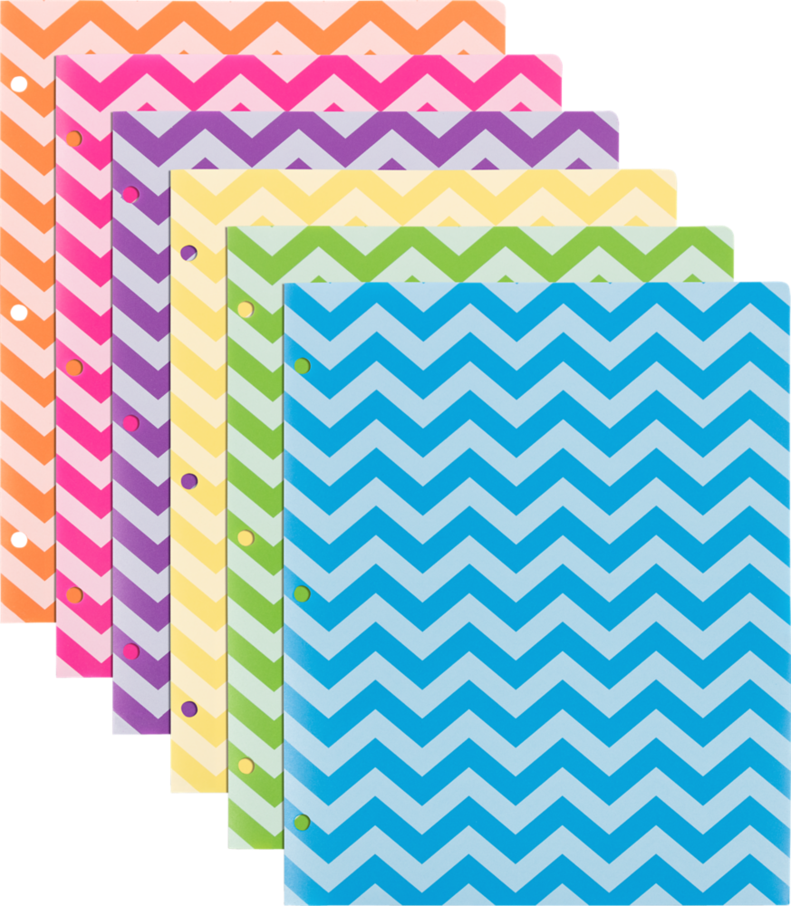 Assorted Chevron 9 1/2 x 11 1/2 Plastic 3 Hole Punch Folders - 6 Pack