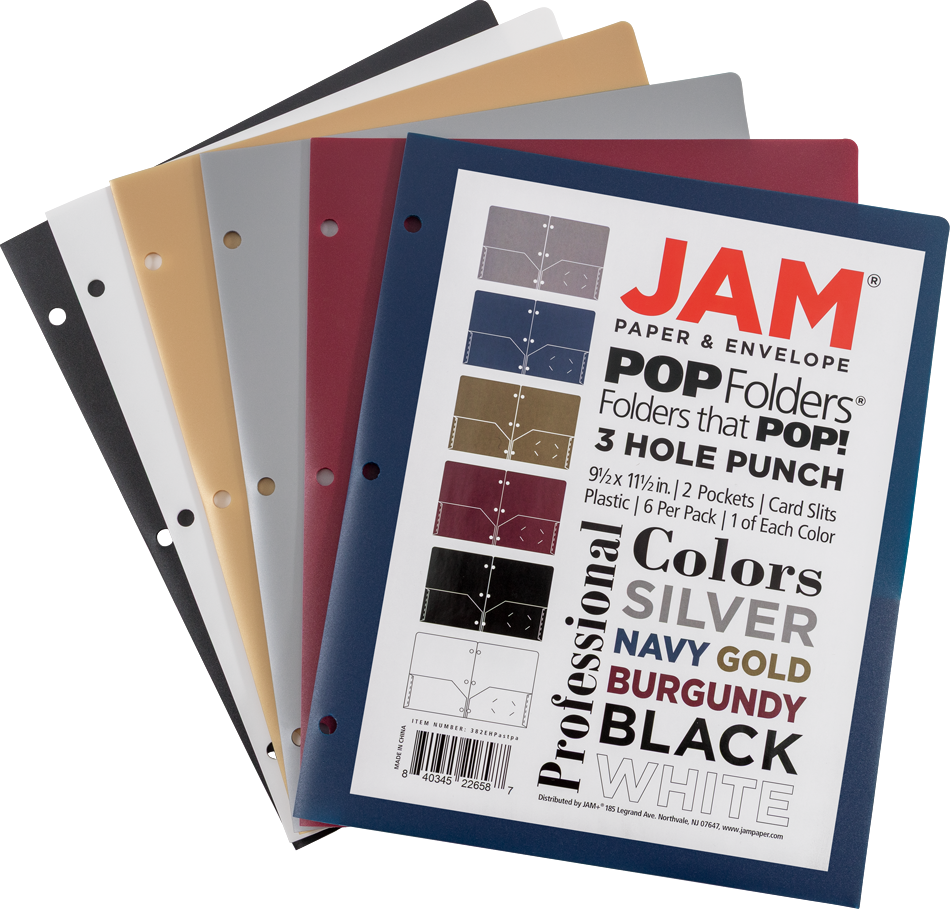 Assorted Professional 9 x 12 Plastic Pop 3 Hole Punch Folders - 6 Pack