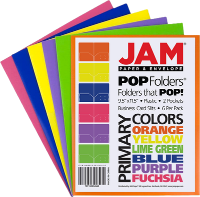 Assorted Primary 9 x 12 Plastic Pop Folders - 6 Pack