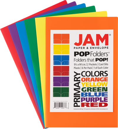 Assorted Primary Plastic Pop Folders Legal 9 x 14 1/2 - 6 Pack