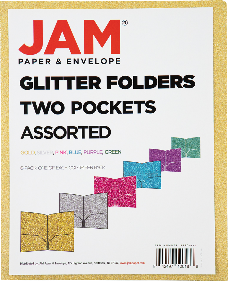 Assorted Primary 9 x 12 Glitter Folders - 6 Pack