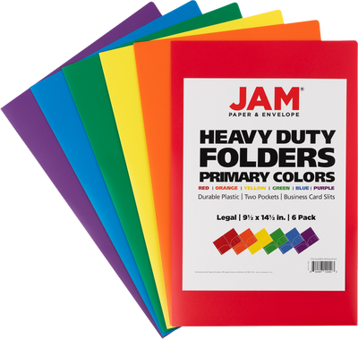 Assorted Primary 9 x 14 1/2 Legal Plastic Heavy Duty Folders - 6 Pack