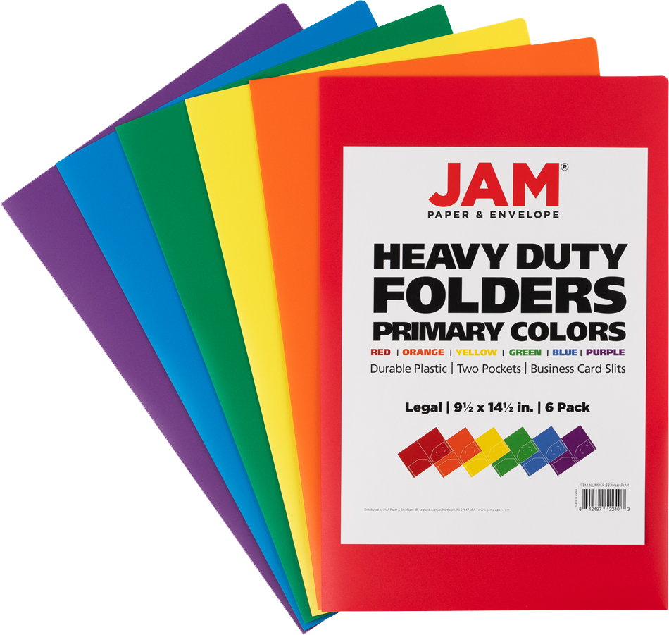 Assorted Primary 9 x 14 1/2 Legal Plastic Heavy Duty Folders - 6 Pack