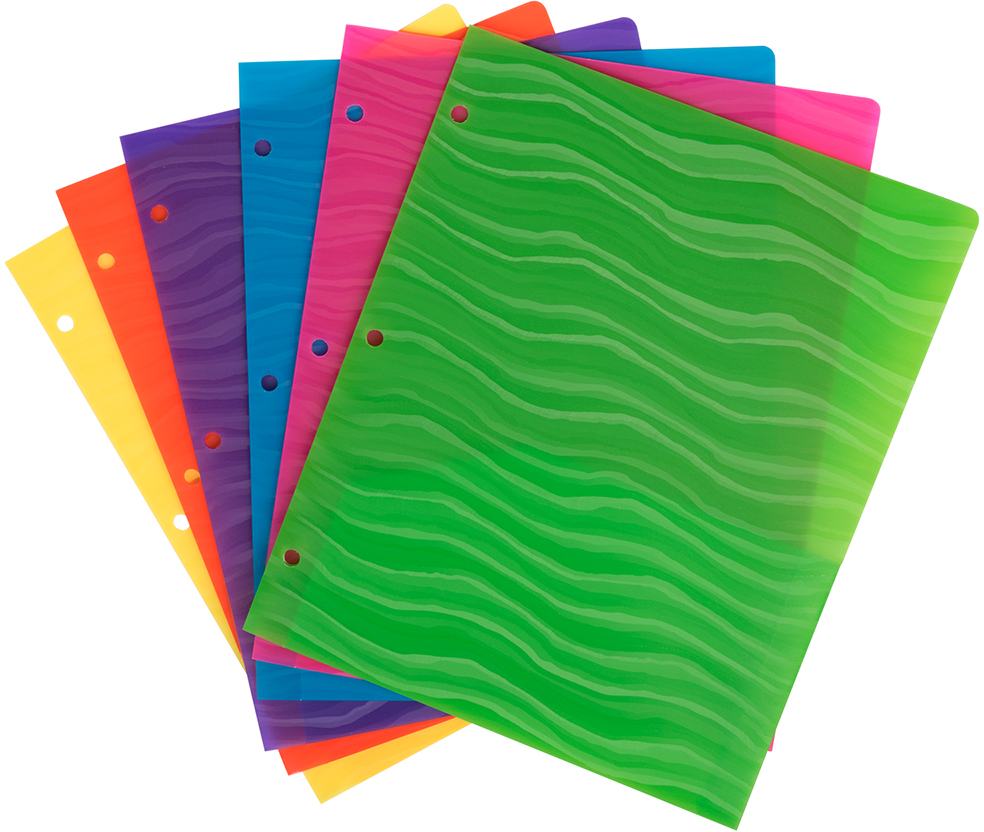 Assorted Wave 9 x 12 Plastic Heavy Duty 3 Hole Punch Folders - 6 Pack