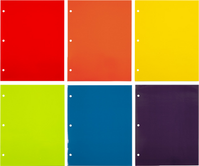 Assorted Primary 9 x 12 Glossy 3 Hole Punch Folders - 6 Pack