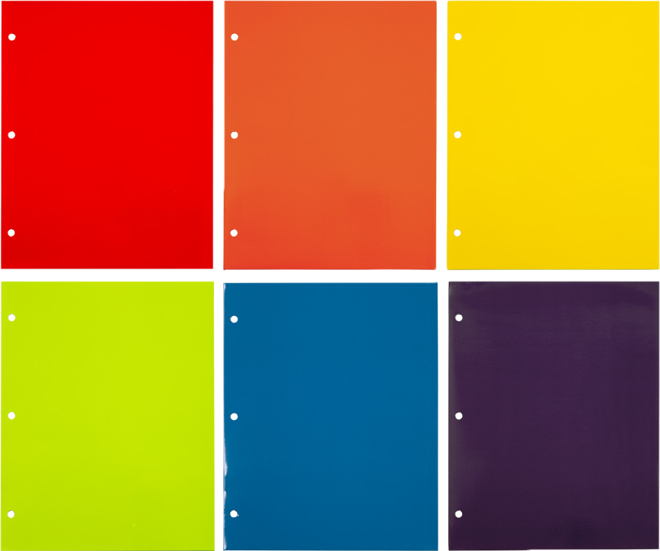 Assorted Primary 9 x 12 Glossy 3 Hole Punch Folders - 6 Pack