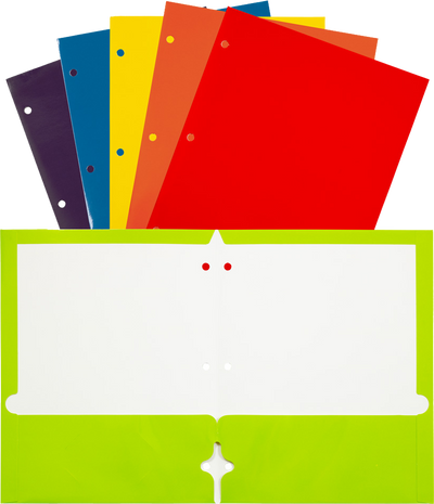 Assorted Primary 9 x 12 Glossy 3 Hole Punch Folders - 6 Pack