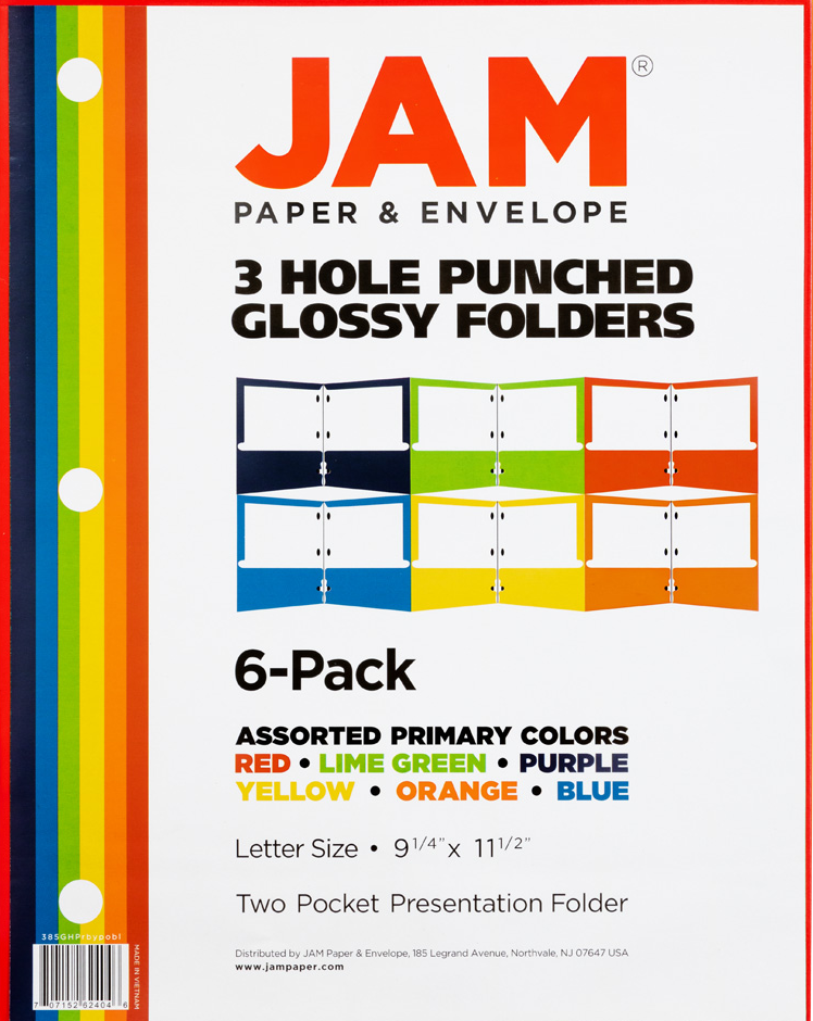 Assorted Primary 9 x 12 Glossy 3 Hole Punch Folders - 6 Pack