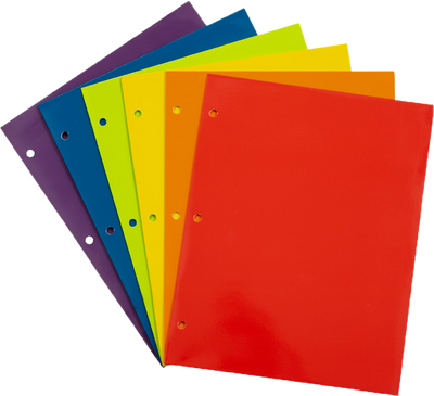 Assorted Primary 9 x 12 Glossy 3 Hole Punch Folders - 6 Pack