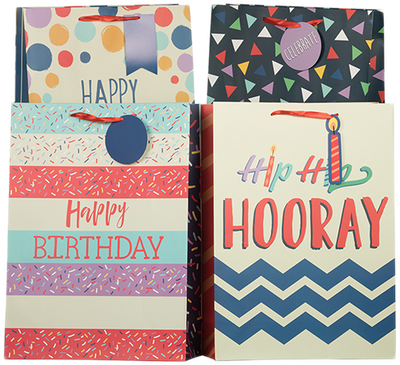 Assorted Shapes Jumbo Gift Bags (13 x 18 x 5) - 12 Pack (12 Bags- 4 Designs)