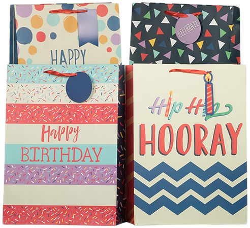 Assorted Shapes Jumbo Gift Bags (13 x 18 x 5) - 12 Pack (12 Bags- 4 Designs)