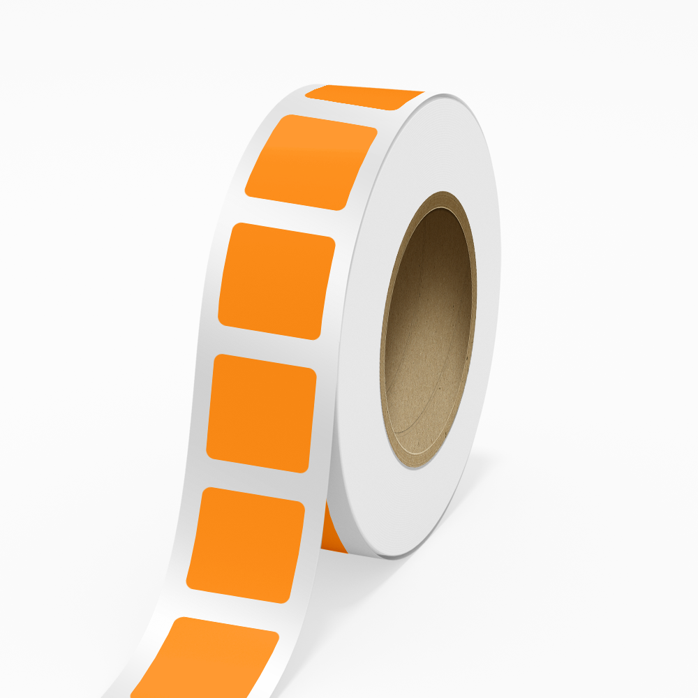 Neon Orange 2 1/2 x 2 1/2 Inch Roll of Square Labels - Bright Adhesive