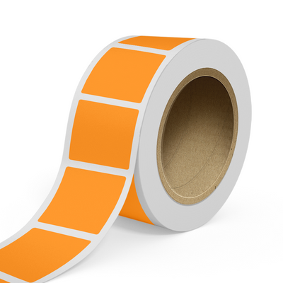 Neon Orange 3 1/2 x 3 1/2 Inch Roll of Square Labels - Bright Adhesive