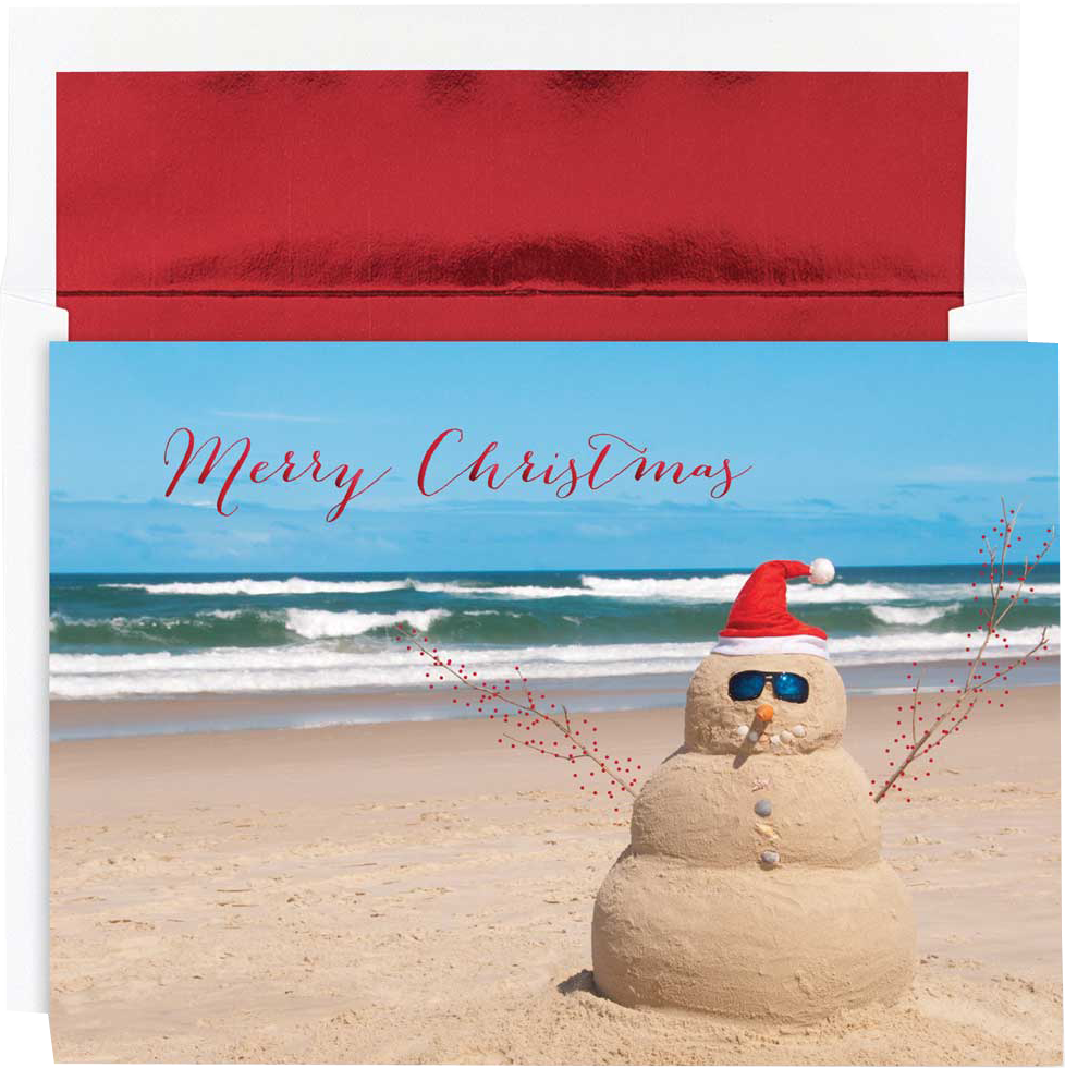 Beach Snowman Christmas Cards - 16 Pack