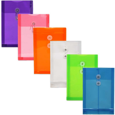 Assorted 6 1/4 x 9 1/4 Open End Plastic Envelopes with Button & String - 6 Pack