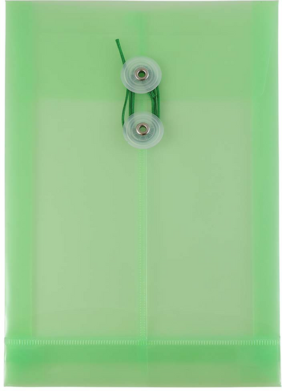 Green 6 1/4 x 9 1/4 Open End Plastic Envelopes with Button & String