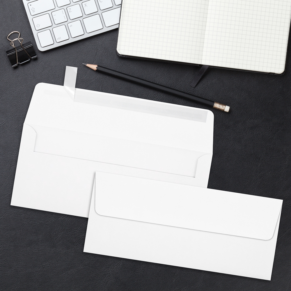 White Recycled 32lb #10 Square Flap Envelopes (4 1/8 x 9 1/2) with Peel & Seal