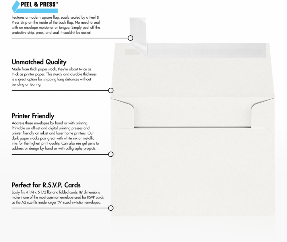 White Recycled 32lb A2 Invitation Envelopes (4 3/8 x 5 3/4) with Peel & Seal