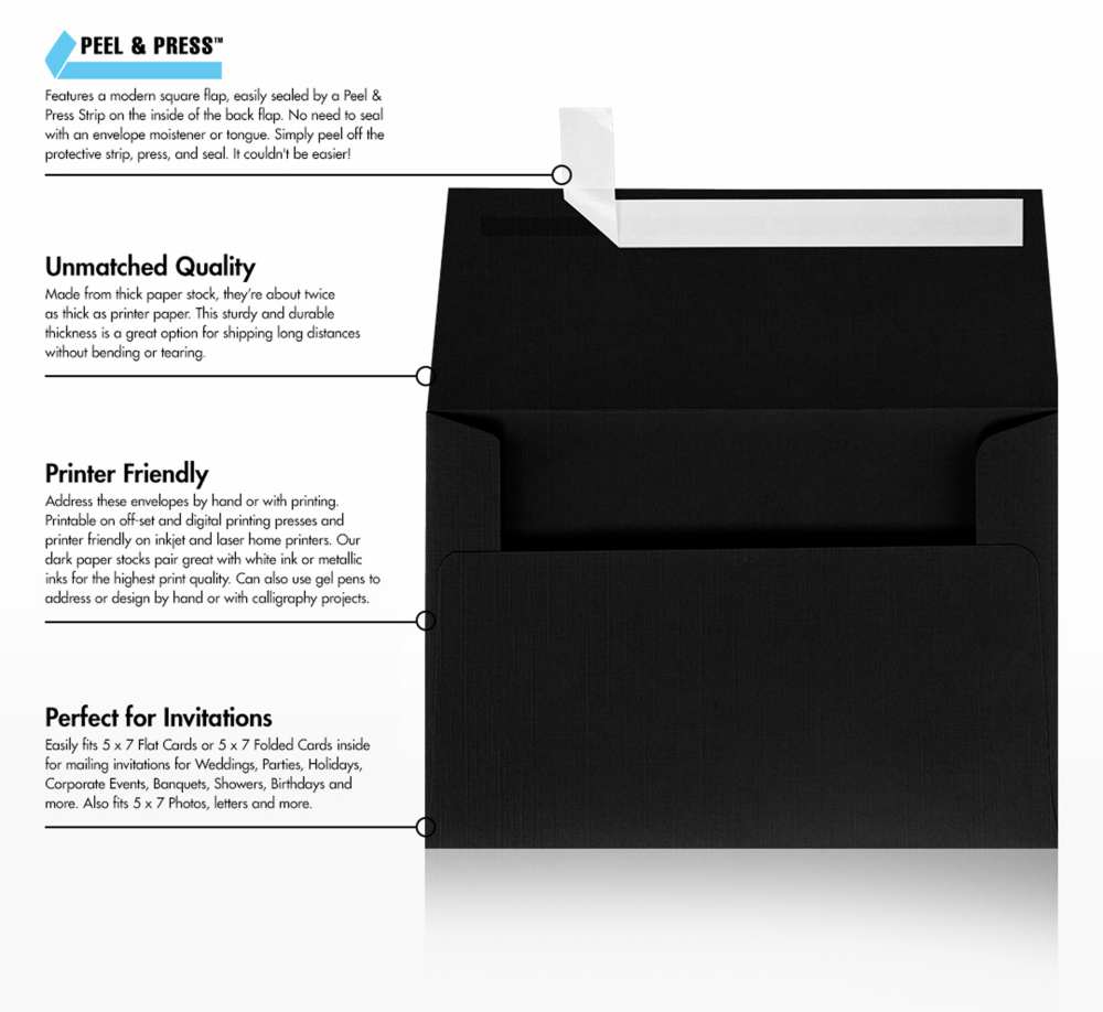 Black Linen 32lb A7 Invitation Envelopes (5 1/4 x 7 1/4) with Peel & Seal