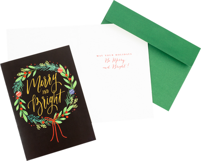 Merry & Bright Christmas Wreath Cards - 16 Pack
