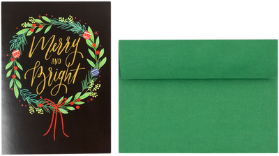 Merry & Bright Christmas Wreath Cards - 16 Pack