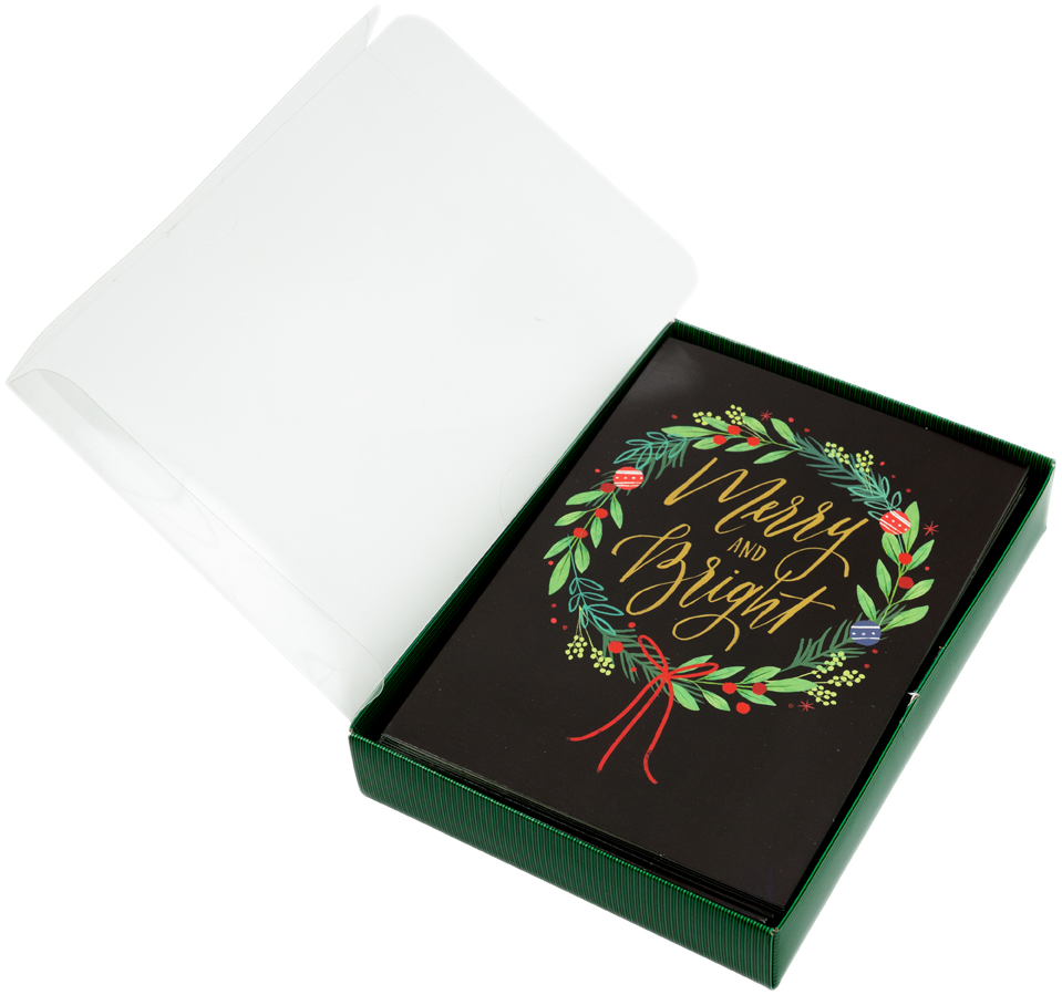 Merry & Bright Christmas Wreath Cards - 16 Pack