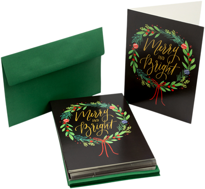 Merry & Bright Christmas Wreath Cards - 16 Pack
