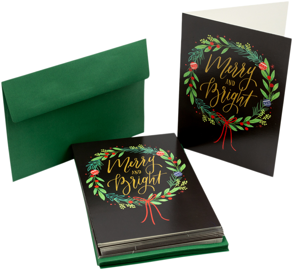Merry & Bright Christmas Wreath Cards - 16 Pack