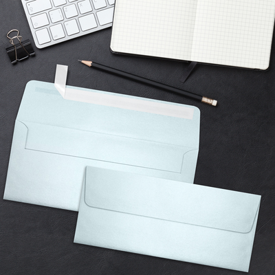 Aquamarine Blue Metallic 32lb #10 Square Flap Envelopes (4 1/8 x 9 1/2) with Peel & Seal