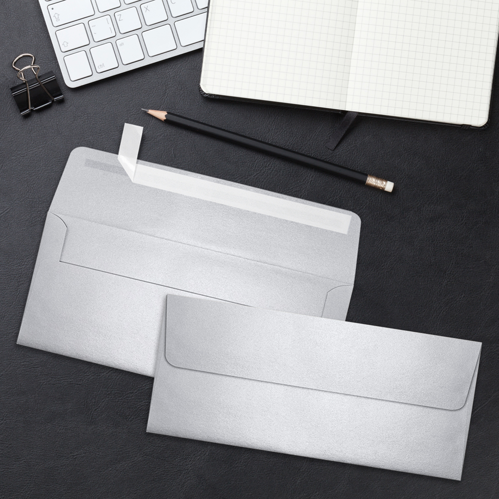 Silver Metallic 32lb #10 Square Flap Envelopes (4 1/8 x 9 1/2) with Peel & Seal
