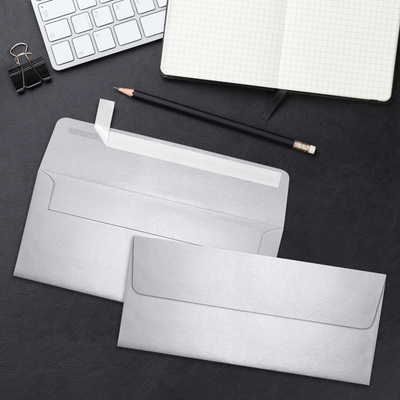 Silver Metallic 32lb #10 Square Flap Envelopes (4 1/8 x 9 1/2) with Peel & Seal