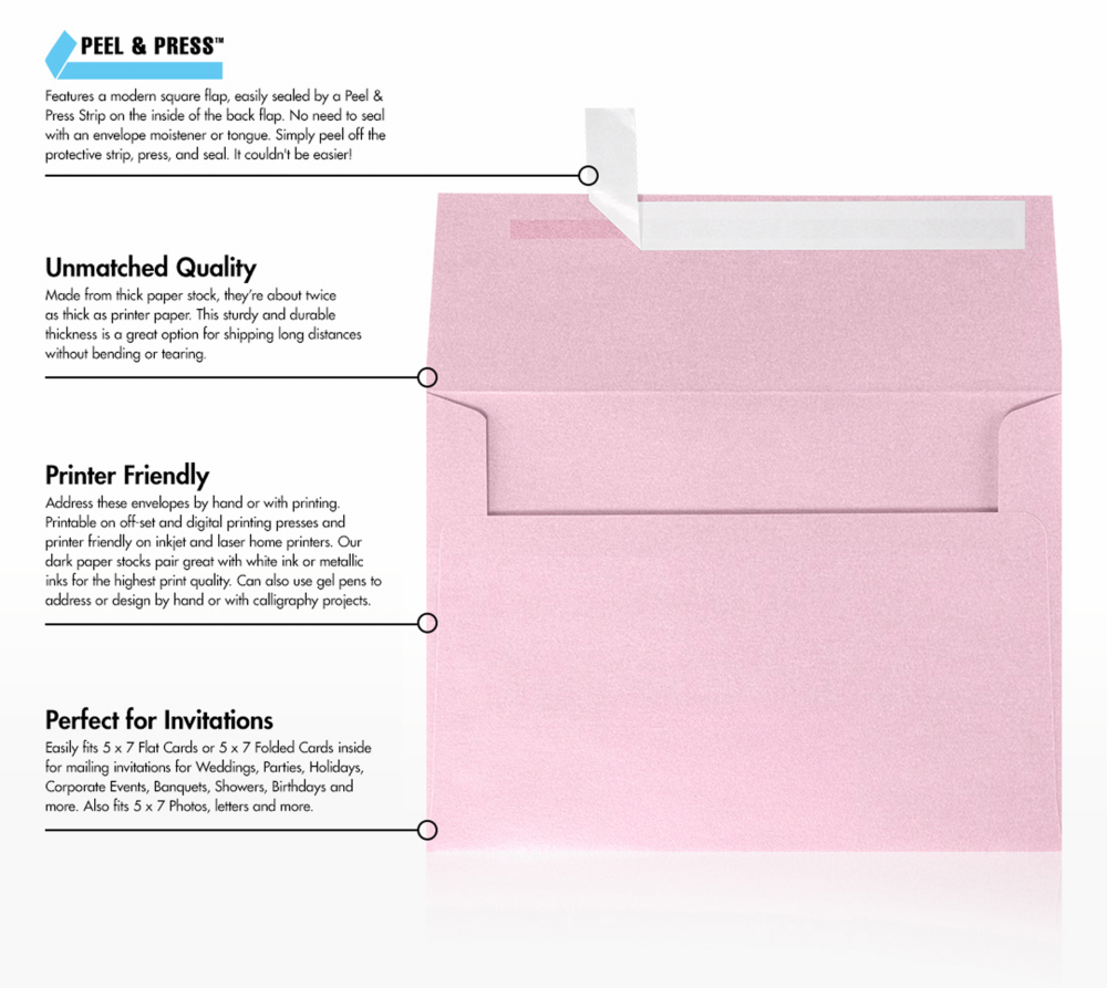 Pink Rose Metallic 32lb A7 Invitation Envelopes (5 1/4 x 7 1/4) with Peel & Seal