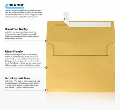 Gold Metallic 32lb A7 Invitation Envelopes (5 1/4 x 7 1/4) with Peel & Seal