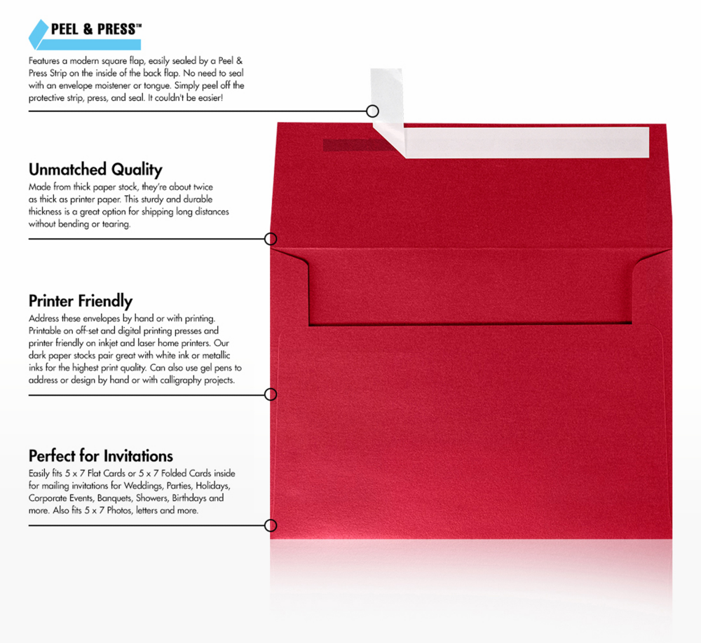 Jupiter Red Metallic 32lb A7 Invitation Envelopes (5 1/4 x 7 1/4) with Peel & Seal